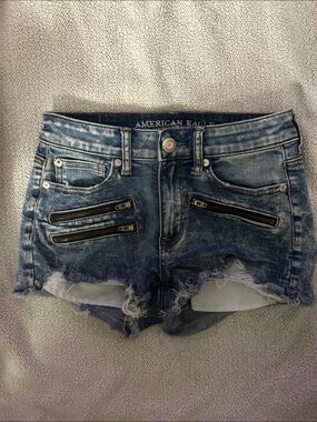 American Eagle Outfitters Distressed Blue Denim Shorts with Zipper Detail